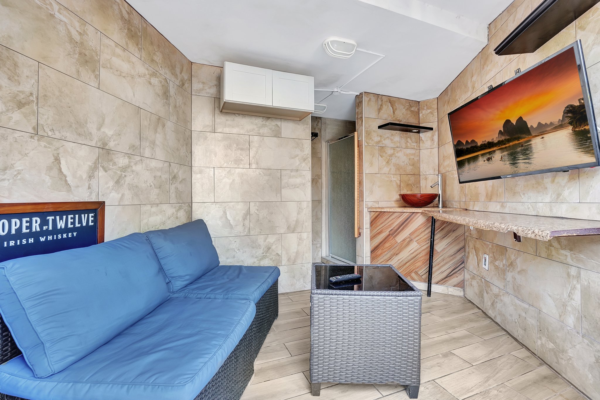 Modern interior of cabana with seating and neutral tones