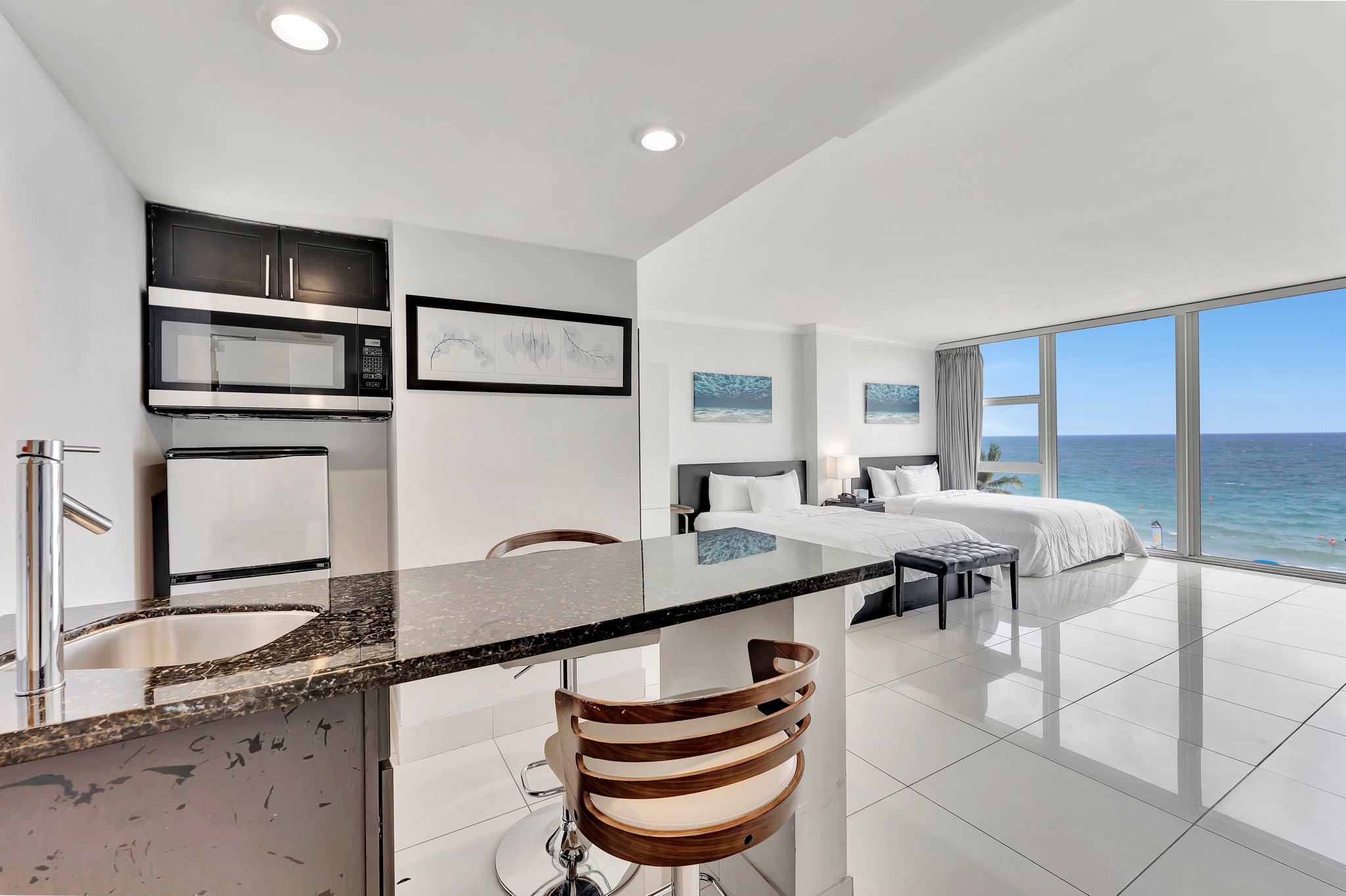 Ocean Manor Deluxe Efficiency kitchenette with modern amenities and ocean outlook