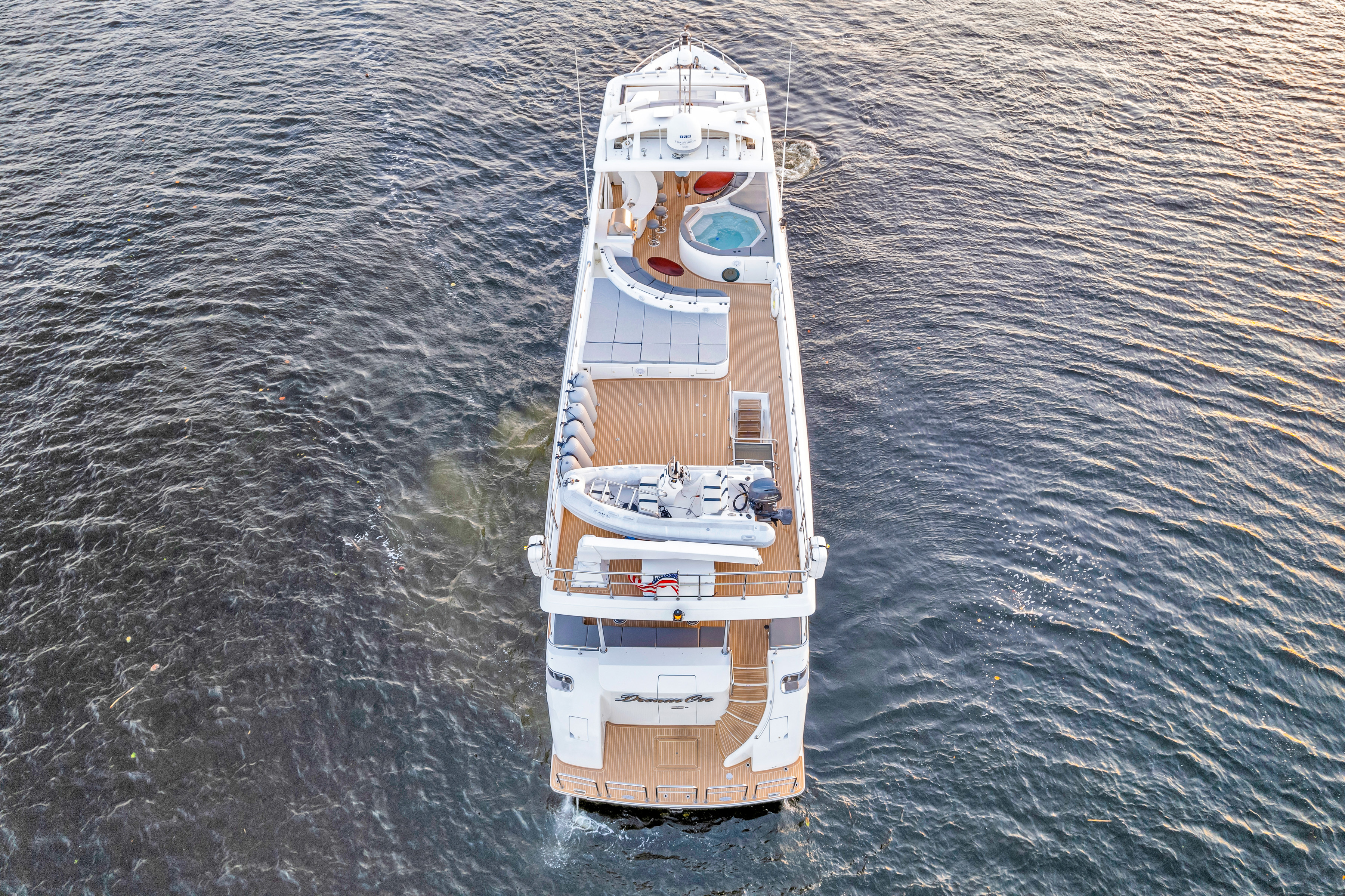 Aerial view of Dream On yacht showcasing the jet ski platform and sun deck